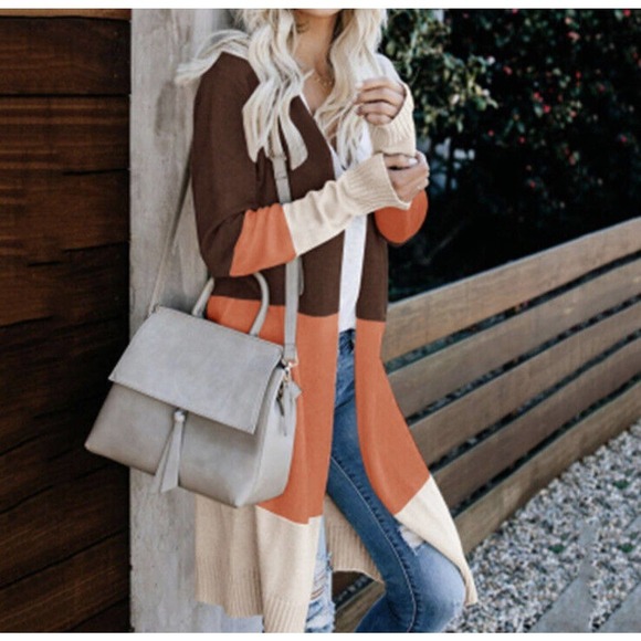 Women’s Striped Knit Duster Cardigan size M Orange Brown Cream Colorblock - Picture 1 of 5